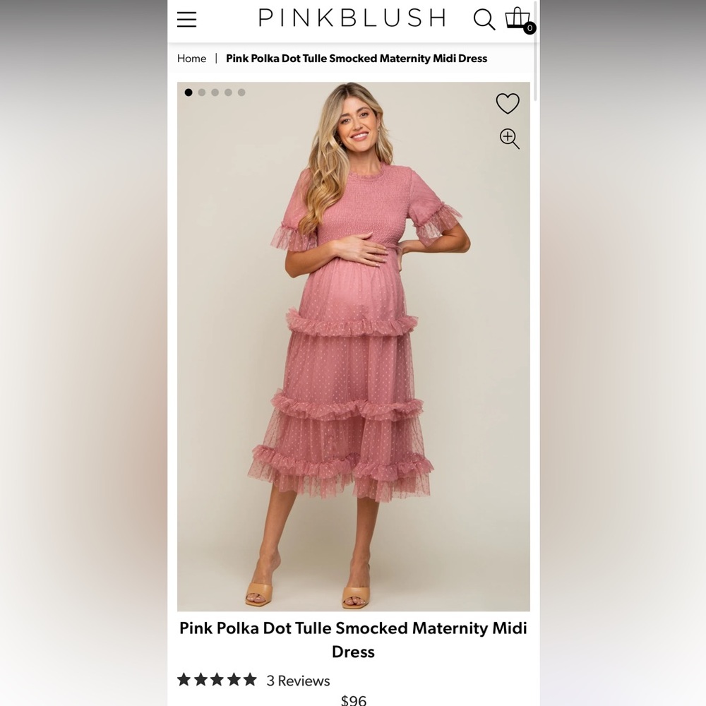Pink Polka Dot Tulle Smocked Maternity Midi Dress S